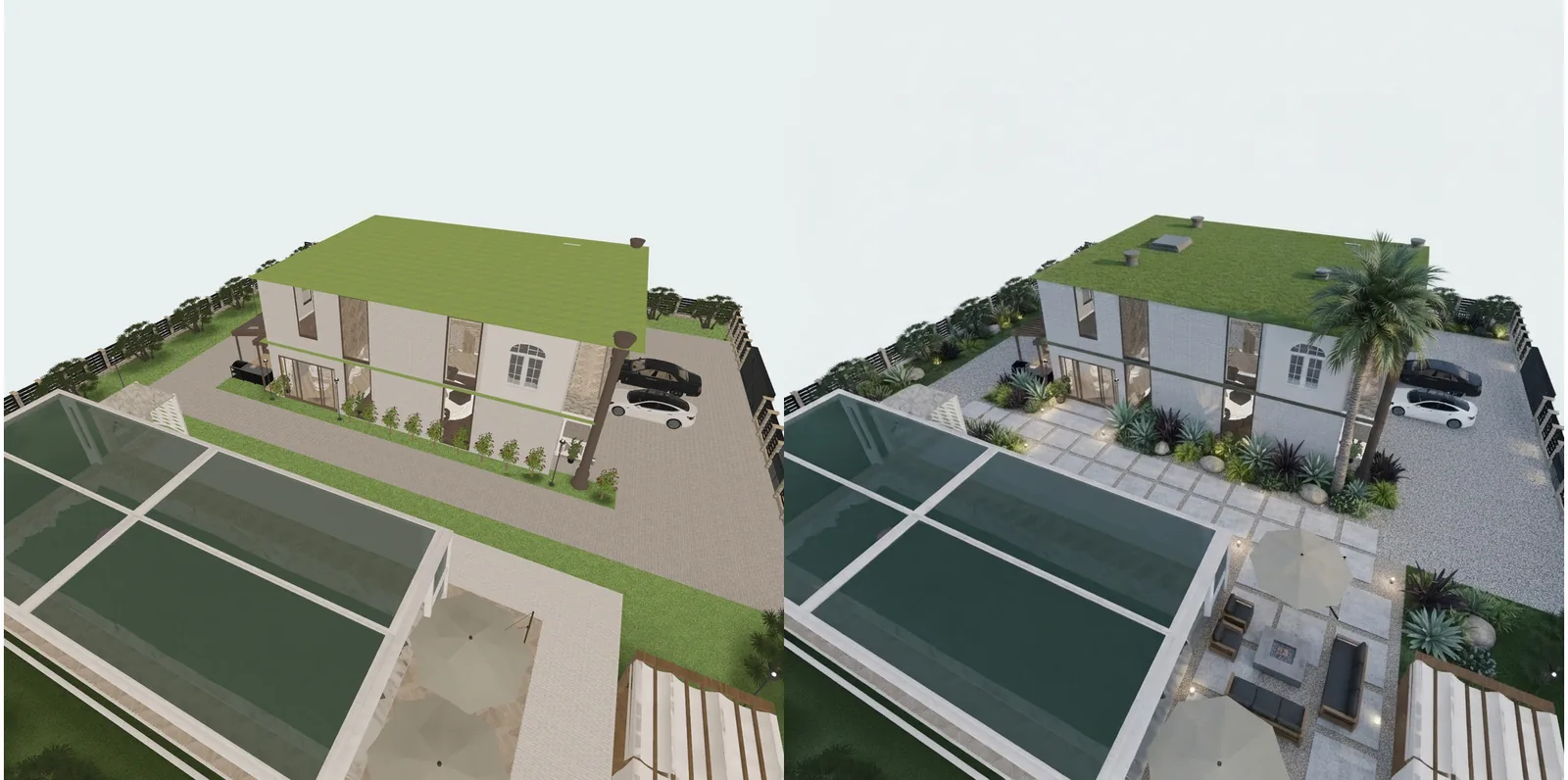The same yard before and after AI Redesign: on the right, a stone patio with outdoor sofas and a low table, new planting and a palm by the house