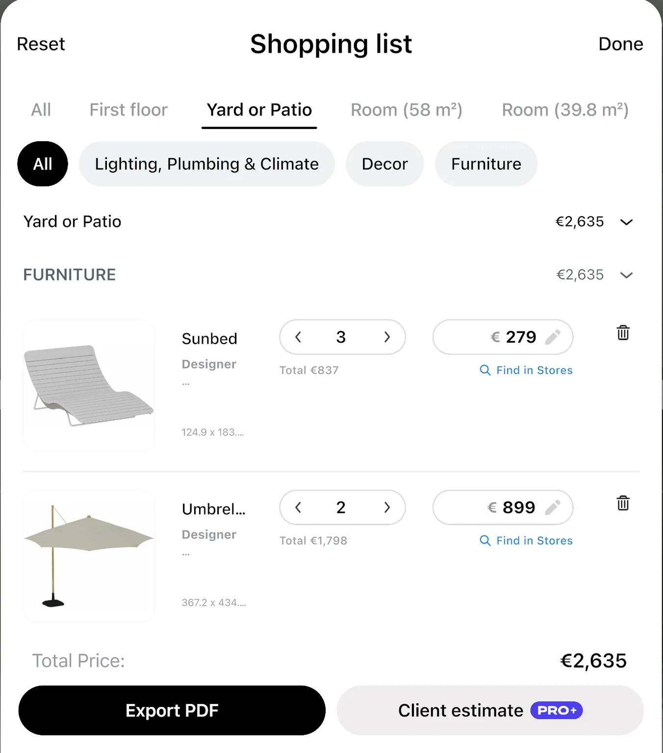 The shopping list of a yard: three sunbeds and two umbrellas, with their prices and the total
