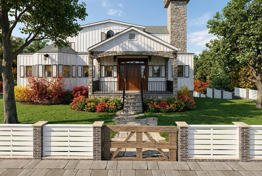 A front yard: a wooden gate in a low fence, a stone path across the lawn to the porch, flower beds on both sides