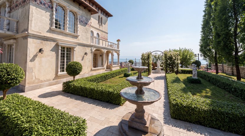 A formal garden by a villa: a tiered fountain on a stone path between clipped hedges, a rose arch and tall trees