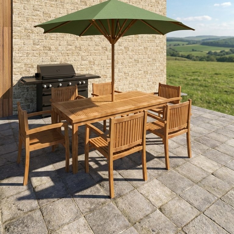 An outdoor dining area on a stone patio: a wooden table with six chairs under an umbrella and a grill against the wall