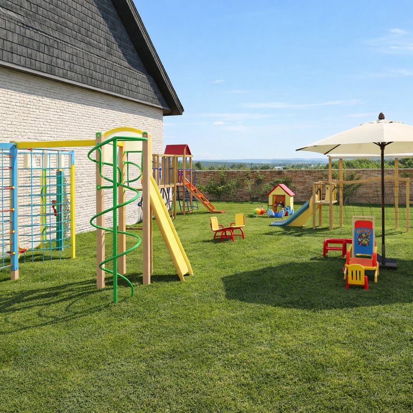 A play area on a lawn by a house: a climbing wall, a climbing frame with a spiral pole, slides, a playhouse, small chairs for kids and an umbrella