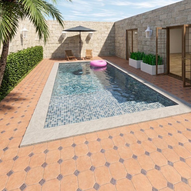 A pool framed by tiled paving, with an umbrella and two sunbeds at the far end, a hedge, planters and a palm