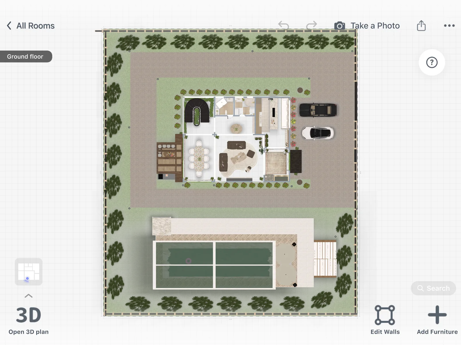 A top-down 2D plan of a whole plot: the house in the middle, a paved drive with two cars, a pool with its deck, a lawn and trees along the fence